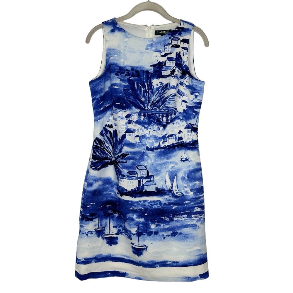 Lauren Ralph Lauren Women’s Blue Sailboat City Printed Sleeveless Dress Sz 6